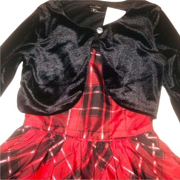 KIDS Girls Zunie Holiday 2 Piece Red Plaid Dress Bolero Black Velour Jac… - Picture 3 of 7
